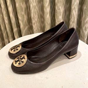 Tory Burch Brown Leather Low Block Heels, size 7